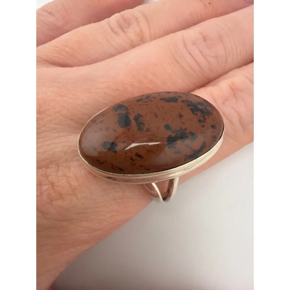 Handcrafted Polished Mahogany Obsidian Sterling Silver Ring Size 9